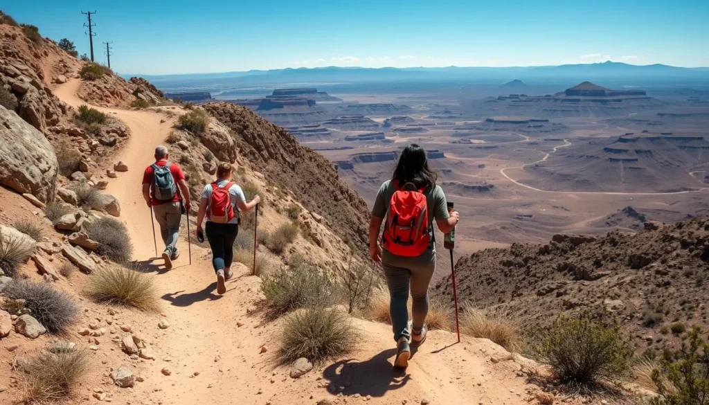 Hikers on Dog Canyon Trail with panoramic views of Tularosa Basin