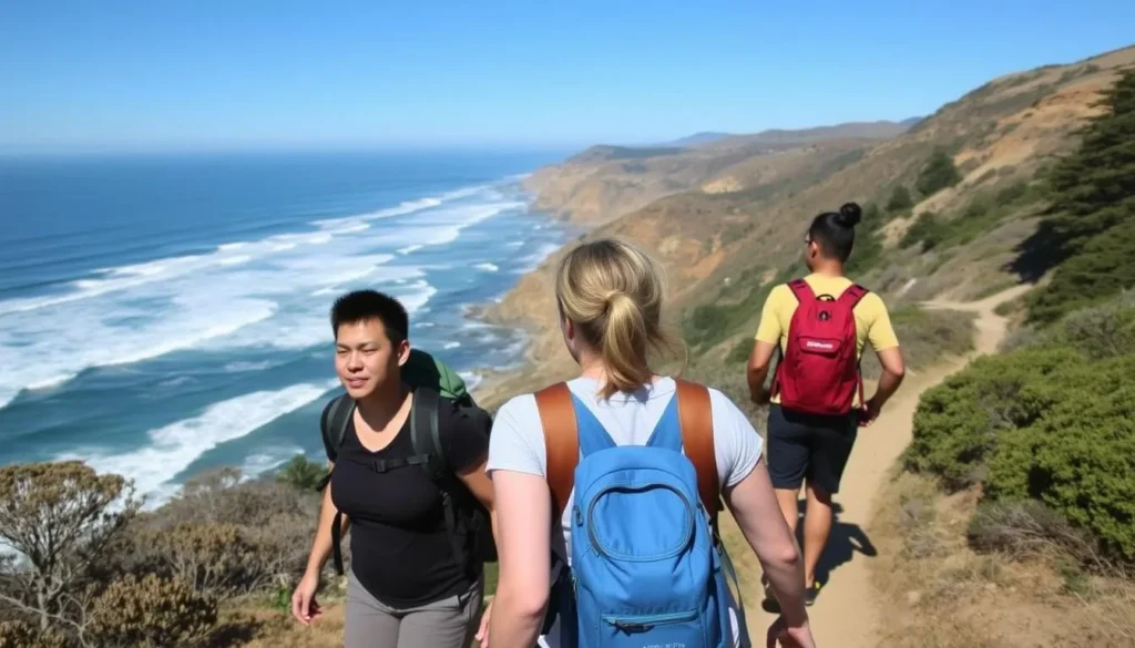 Hikers on Ohlone Bluff Trail at Wilder Ranch State Park with ocean views Hikers on Ohlone Bluff Trail at Wilder Ranch State Park with ocean views
