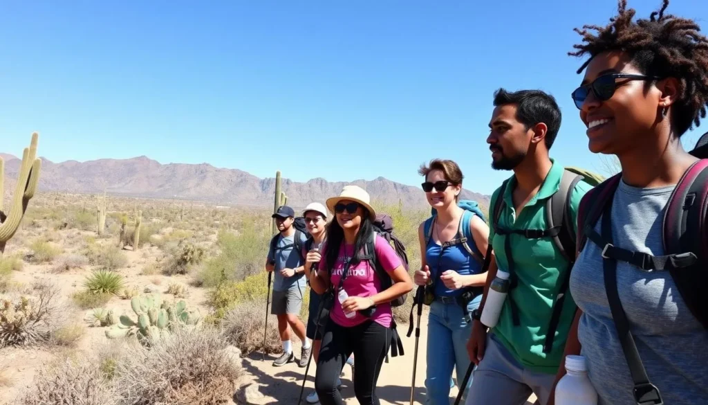 Hikers on Treasure Loop Trail at Lost Dutchman State Park Hikers on Treasure Loop Trail at Lost Dutchman State Park