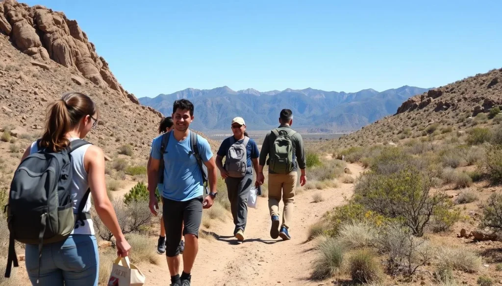 Hikers on a desert trail near Truth or Consequences with mountain views Hikers on a desert trail near Truth or Consequences with mountain views