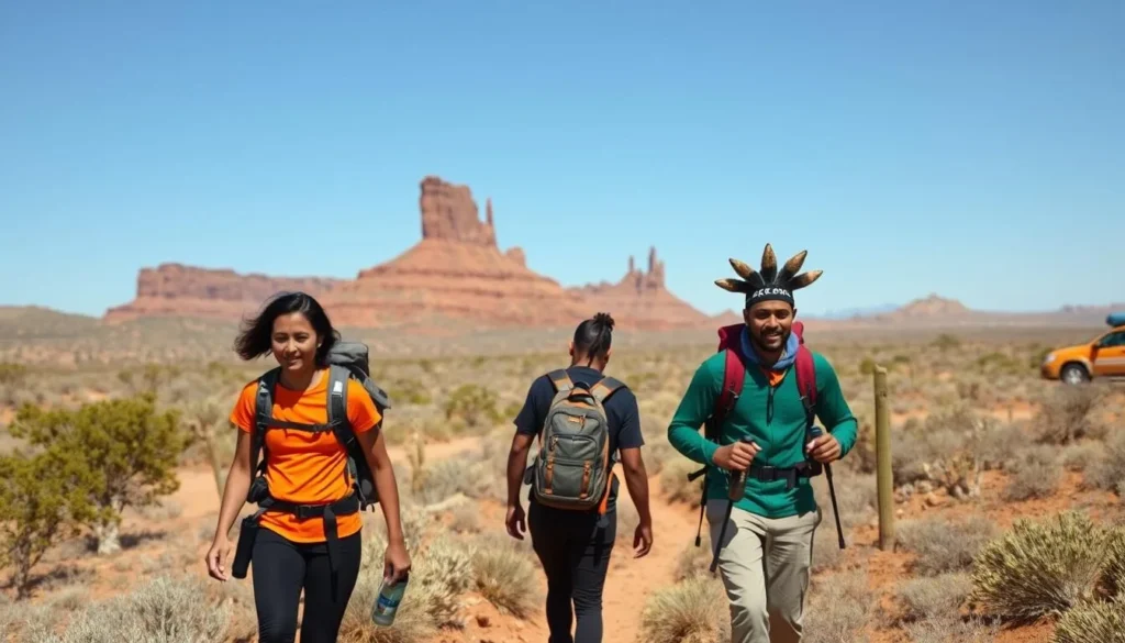 Hikers on a desert trail with Shiprock formation visible in the distance Hikers on a desert trail with Shiprock formation visible in the distance