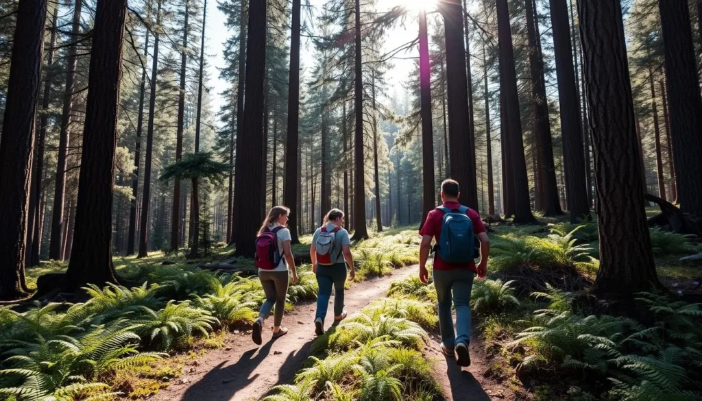 Hikers on a forest trail in the Sacramento Mountains with sunlight filtering through pine trees Hikers on a forest trail in the Sacramento Mountains with sunlight filtering through pine trees