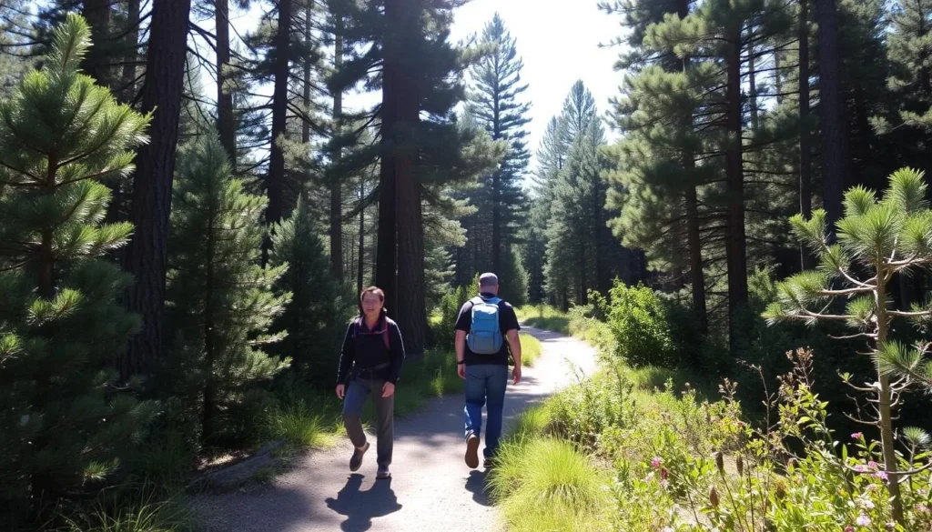 Hikers on a forested trail in Golden Gate Canyon State Park with sunlight filtering through trees