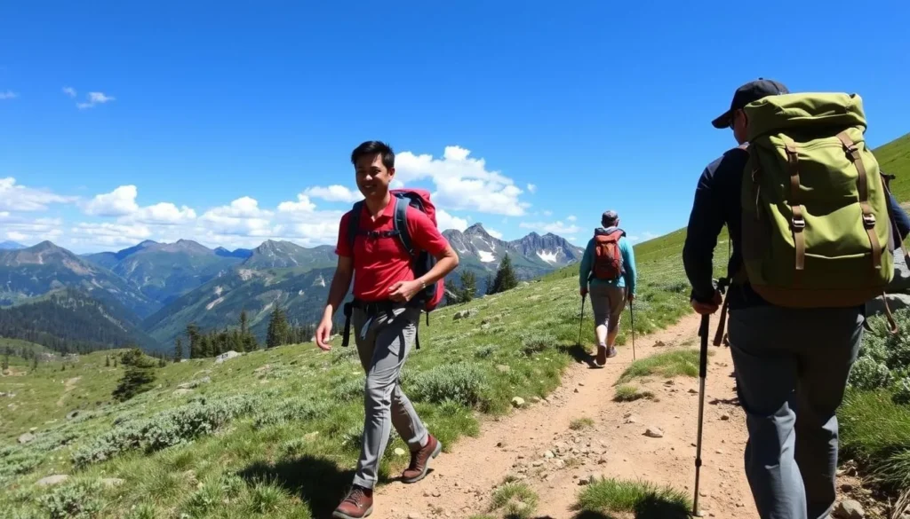 Hikers on a mountain trail in the Sangre de Cristo Mountains with alpine meadows and distant peaks