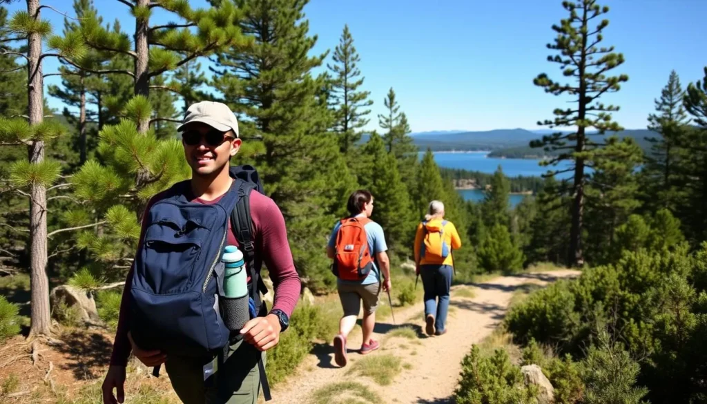 Hikers on a scenic trail at Eleven Mile State Park with reservoir views Hikers on a scenic trail at Eleven Mile State Park with reservoir views