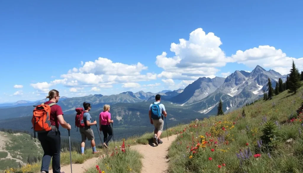 Hikers on a scenic trail in the Elk Mountains Colorado with panoramic mountain views Hikers on a scenic trail in the Elk Mountains Colorado with panoramic mountain views