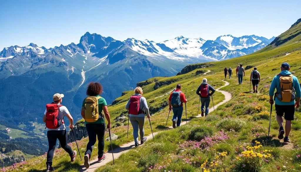 Hikers on a scenic trail in the Swiss Alps with mountain views