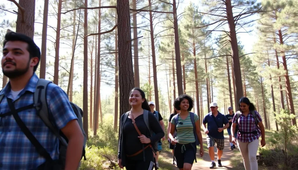 Hikers on a trail along the Mogollon Rim with scenic forest views Hikers on a trail along the Mogollon Rim with scenic forest views