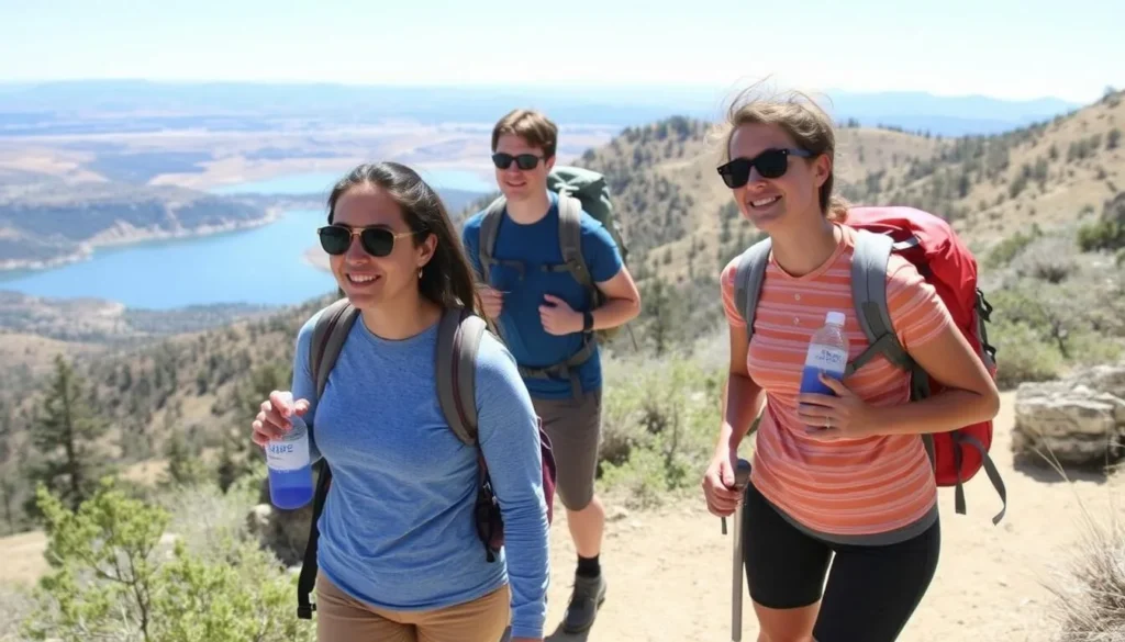 Hikers on a trail at Horsetooth Mountain Open Space carrying water bottles
