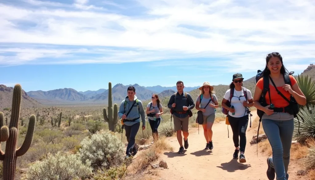 Hikers on a trail at Lost Dutchman State Park with mountain views Hikers on a trail at Lost Dutchman State Park with mountain views