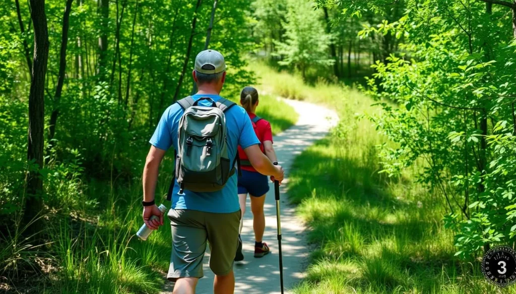 Hikers on a trail at Rock Cut State Park following proper trail etiquette Hikers on a trail at Rock Cut State Park following proper trail etiquette