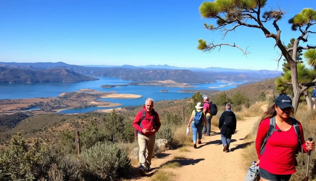 Hikers on a trail at San Luis Reservoir with panoramic views of the water and surrounding hills Hikers on a trail at San Luis Reservoir with panoramic views of the water and surrounding hills