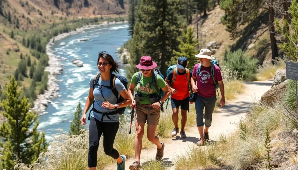 Hikers on a trail at South Yuba River State Park with river views