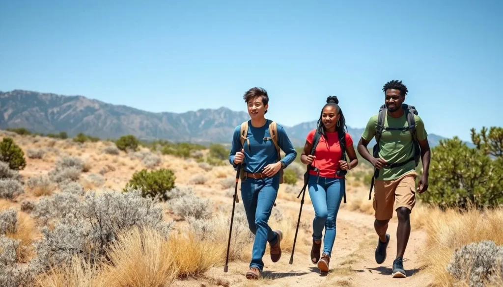 Hikers on a trail in Berlin-Ichthyosaur State Park with desert landscape Hikers on a trail in Berlin-Ichthyosaur State Park with desert landscape