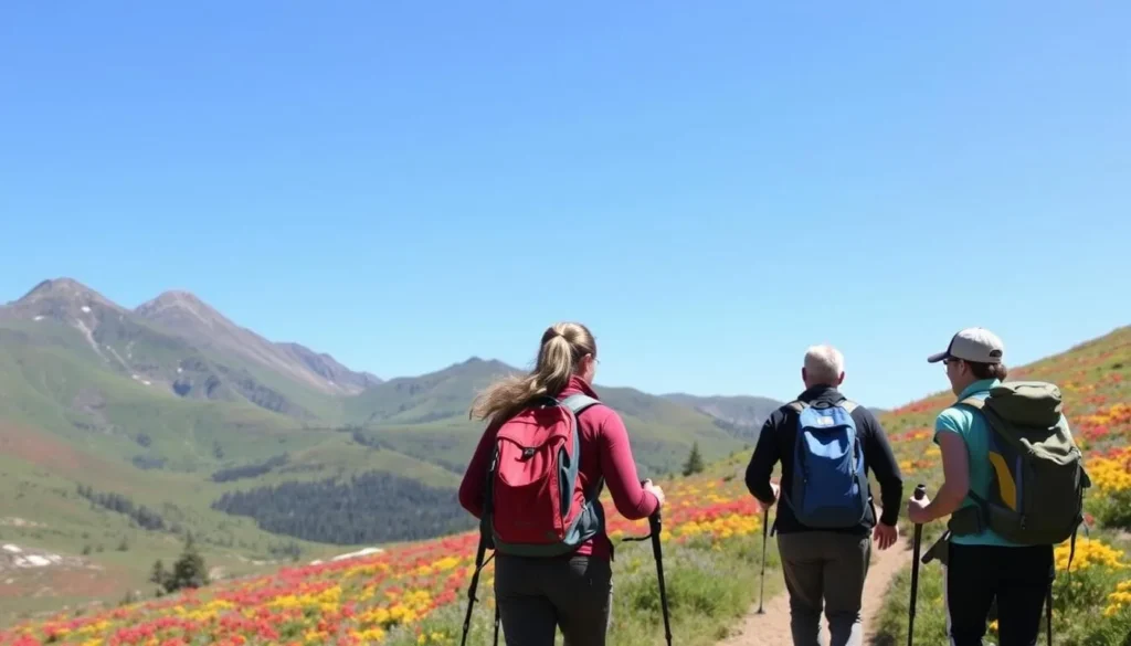 Hikers on a trail in Flat Tops Wilderness Colorado with backpacks and trekking poles
