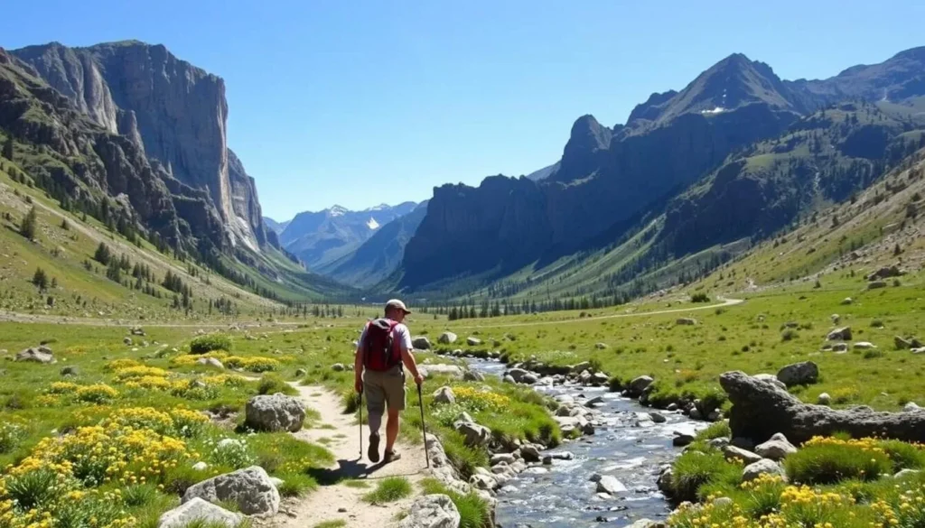 Hikers on a trail in Lamoille Canyon with mountain views Hikers on a trail in Lamoille Canyon with mountain views