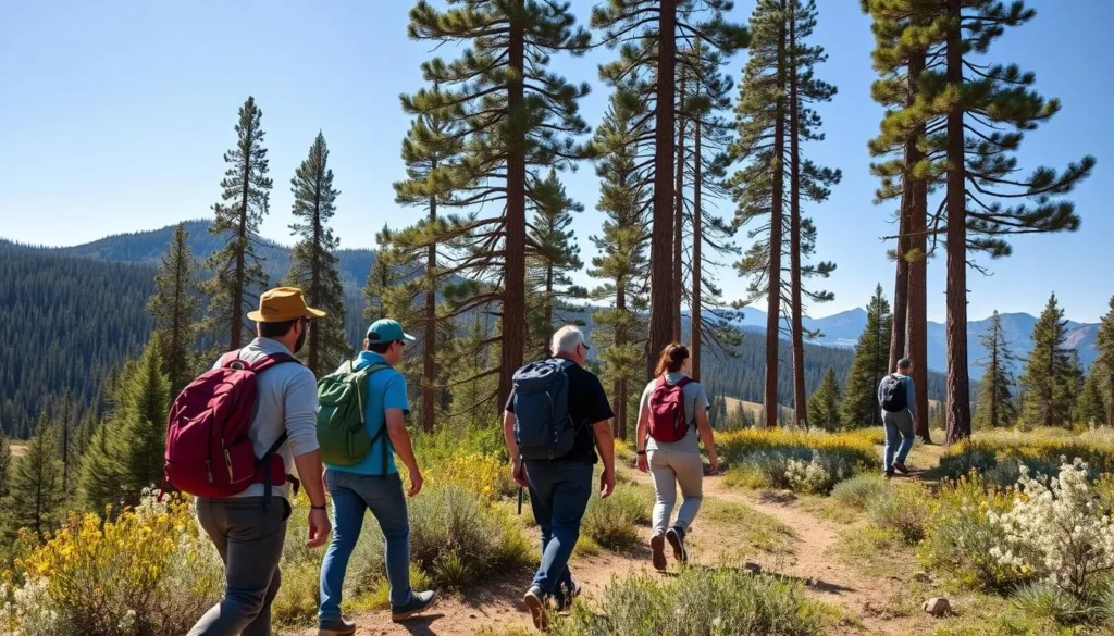 Hikers on a trail in Lincoln National Forest near Ruidoso with mountain views Hikers on a trail in Lincoln National Forest near Ruidoso with mountain views