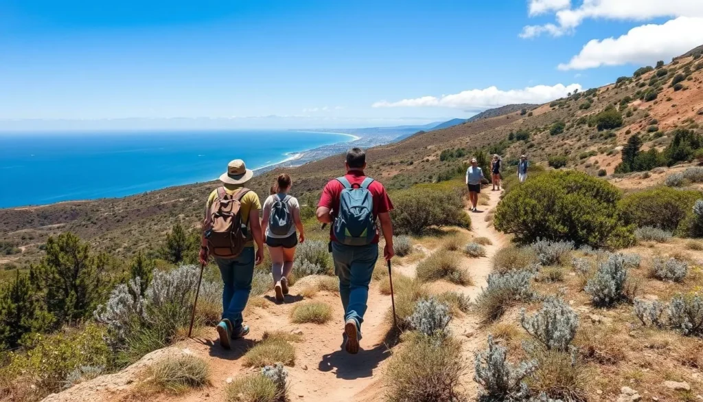 Hikers on a trail in Santa Monica Mountains near Zuma Beach with ocean views