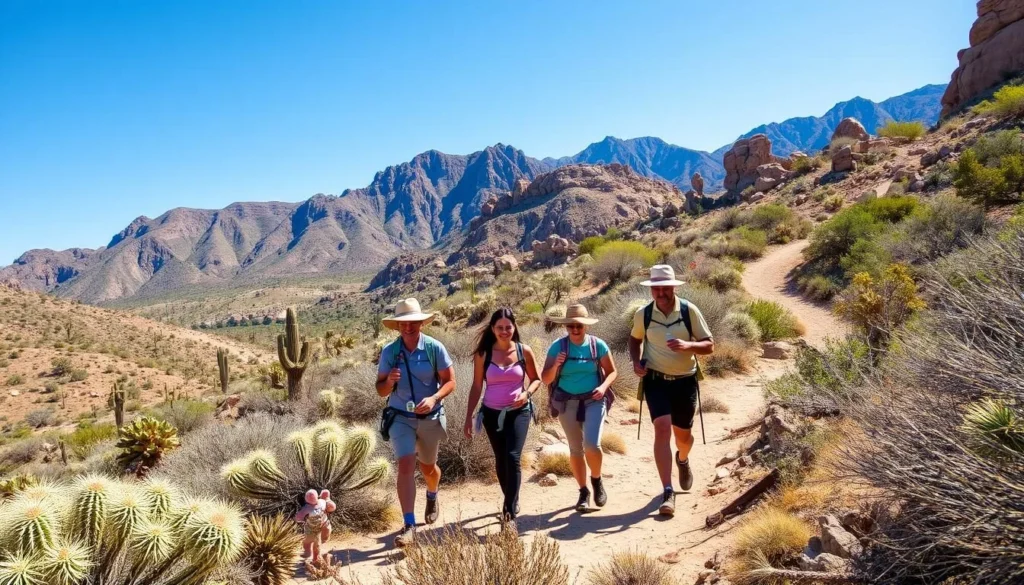 Hikers on a trail in Santa Rosa and San Jacinto Mountains National Monument with desert landscape Hikers on a trail in Santa Rosa and San Jacinto Mountains National Monument with desert landscape