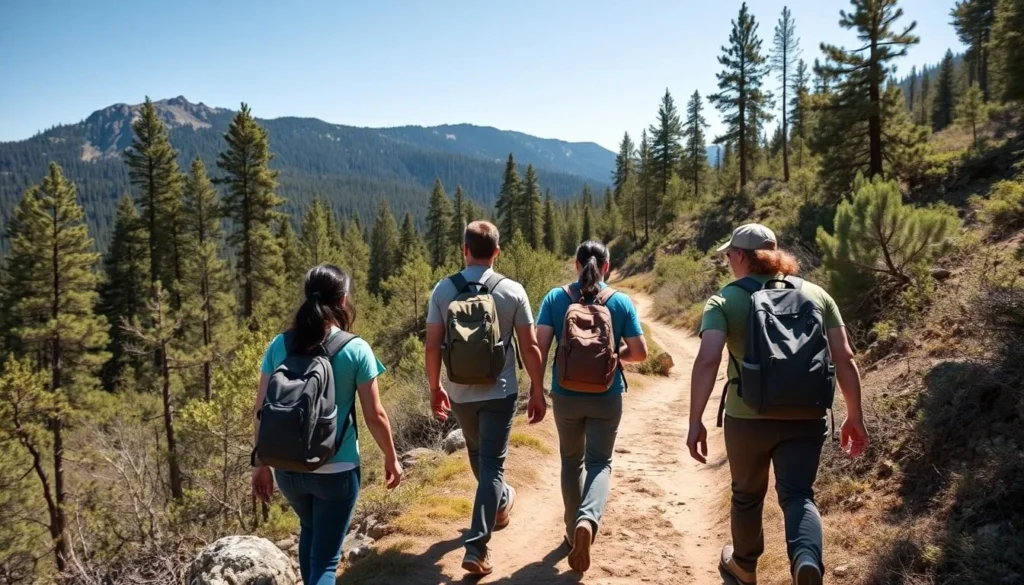 Hikers on a trail in Sierra Nevada California best things to do include exploring numerous hiking paths Hikers on a trail in Sierra Nevada California best things to do include exploring numerous hiking paths