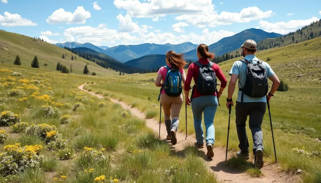 Hikers on a trail in Valle Vidal with mountain views and meadows Hikers on a trail in Valle Vidal with mountain views and meadows