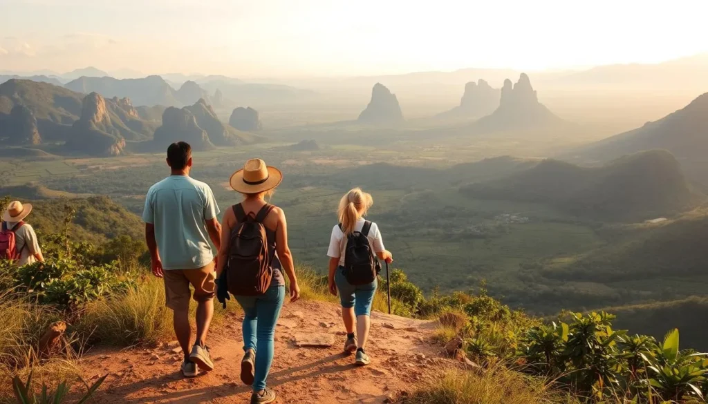 Hikers on a trail in Vinales Valley with views of mogotes and tobacco fields below