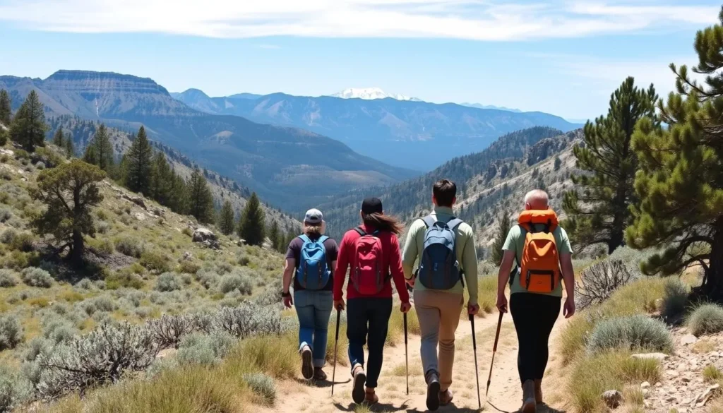 Hikers on a trail in the Egan Range with mountain views Hikers on a trail in the Egan Range with mountain views