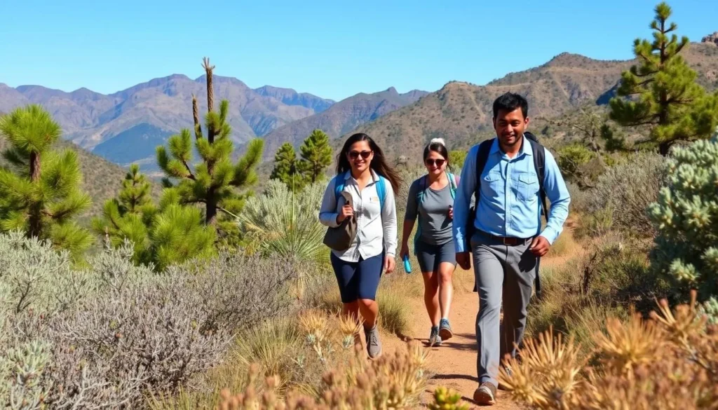 Hikers on a trail in the Pinal Mountains surrounded by diverse vegetation