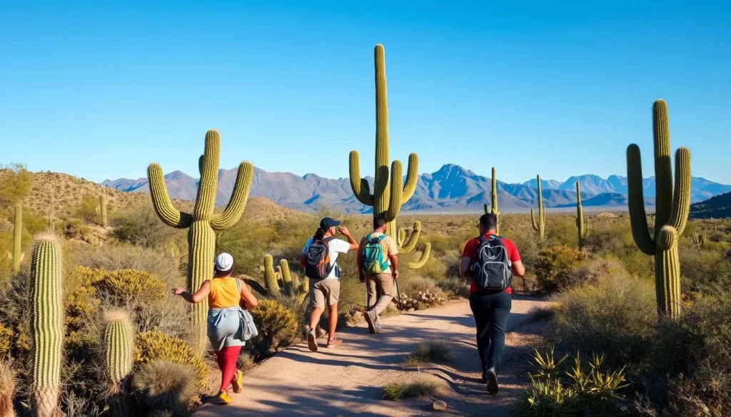 Hikers on a trail in the Sonoran Desert with saguaro cacti