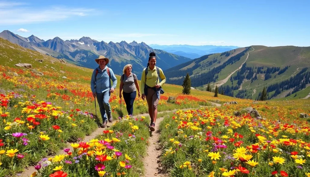Hikers on a trail surrounded by wildflowers on Guanella Pass Hikers on a trail surrounded by wildflowers on Guanella Pass