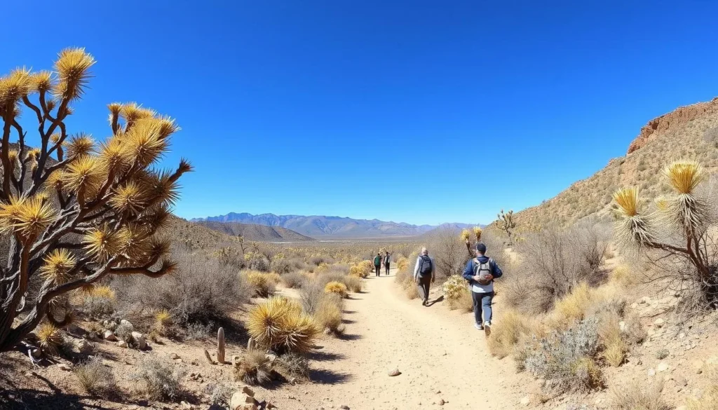 Hikers on a trail through desert landscape at Ash Meadows Hikers on a trail through desert landscape at Ash Meadows