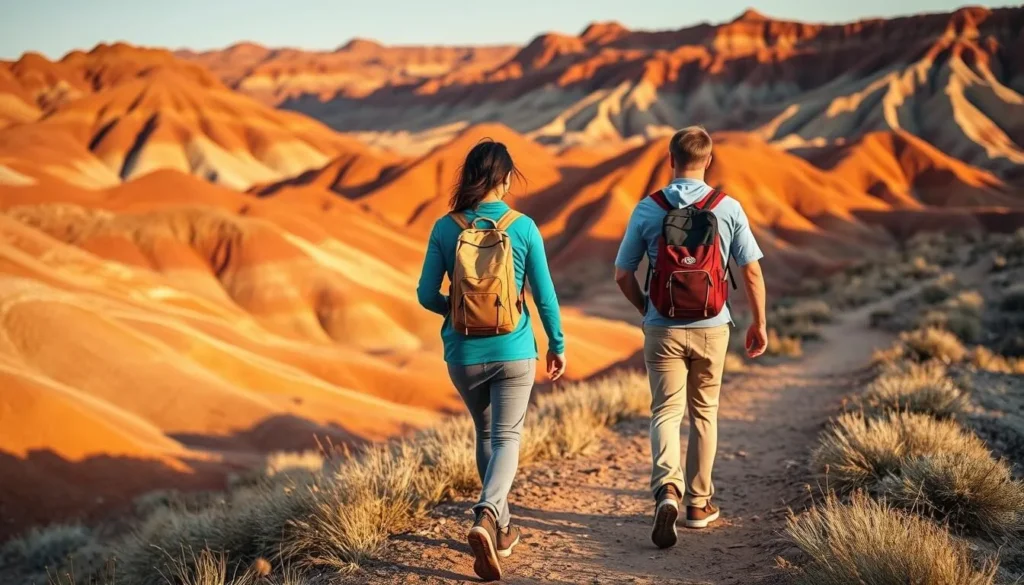Hikers on a trail through the colorful badlands of Painted Desert at sunset Hikers on a trail through the colorful badlands of Painted Desert at sunset