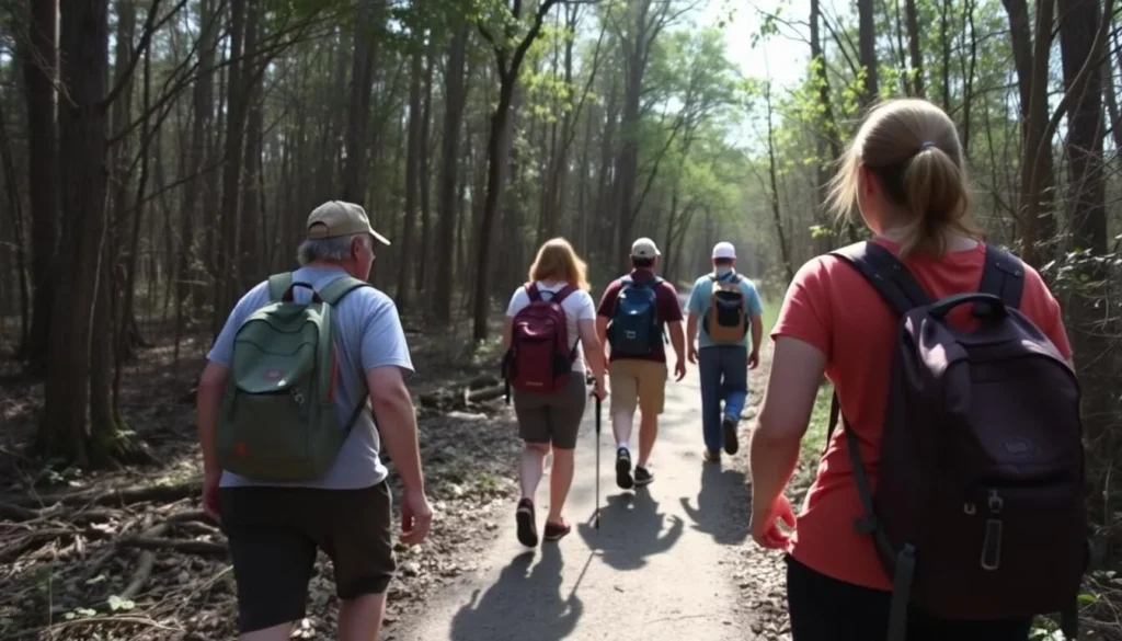 Hikers on a trail through wooded area at Red River National Wildlife Refuge Louisiana