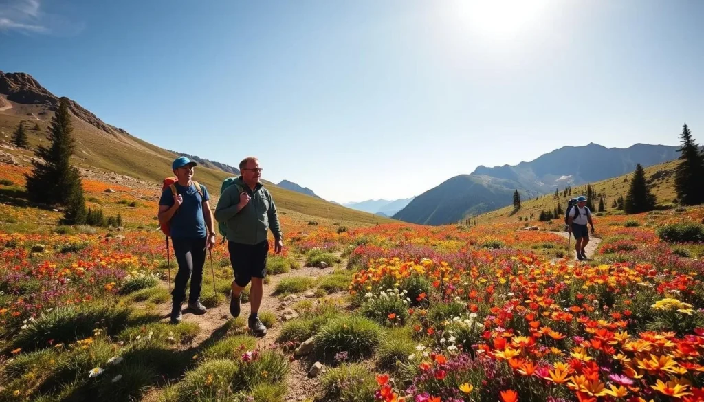 Hikers on mountain trail with wildflowers in Irwin, Colorado