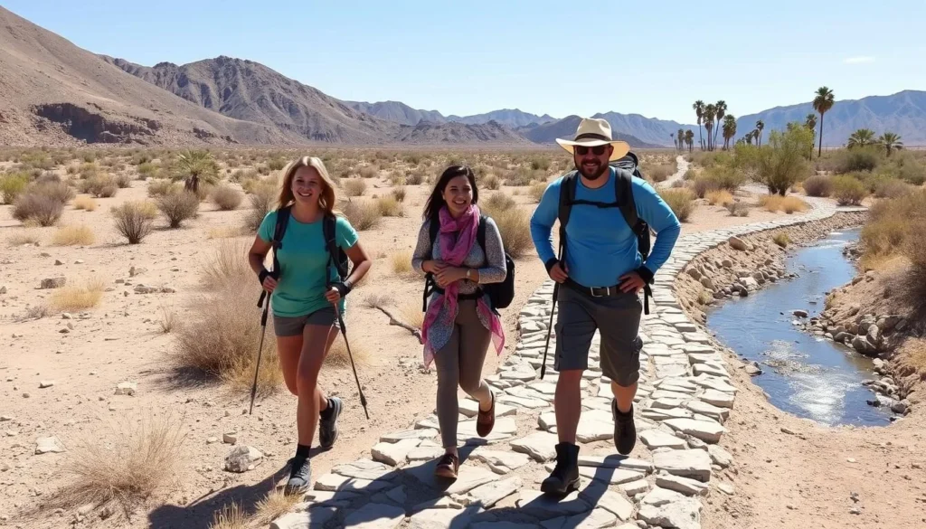 Hikers on the Amargosa River Trail near China Ranch Date Farm Hikers on the Amargosa River Trail near China Ranch Date Farm