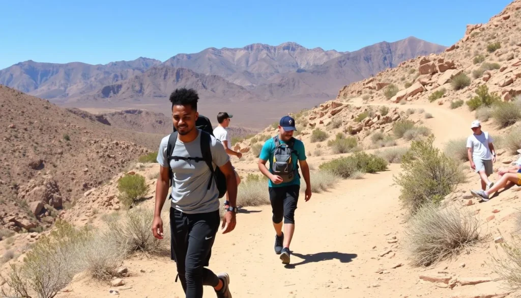 Hikers on the Ash Canyon Trail at Echo Canyon State Park Nevada Hikers on the Ash Canyon Trail at Echo Canyon State Park Nevada