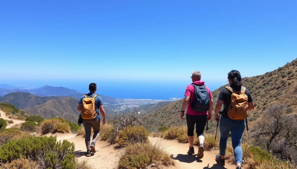 Hikers on the Backbone Trail in Santa Monica Mountains with coastal views