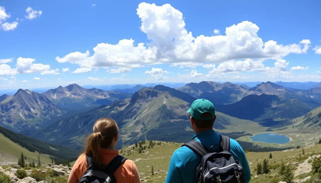 Hikers on the Colorado Trail enjoying spectacular mountain views in the San Juan Mountains