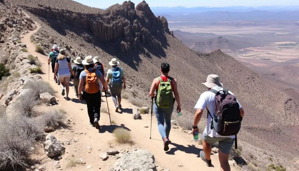 Hikers on the Dragon's Back Trail in Ojito Wilderness with expansive views