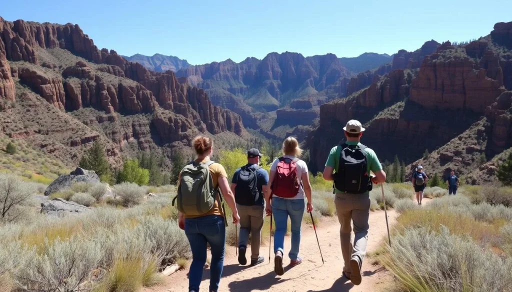 Hikers on the Fowler Trail in Eldorado Canyon State Park with canyon views Hikers on the Fowler Trail in Eldorado Canyon State Park with canyon views