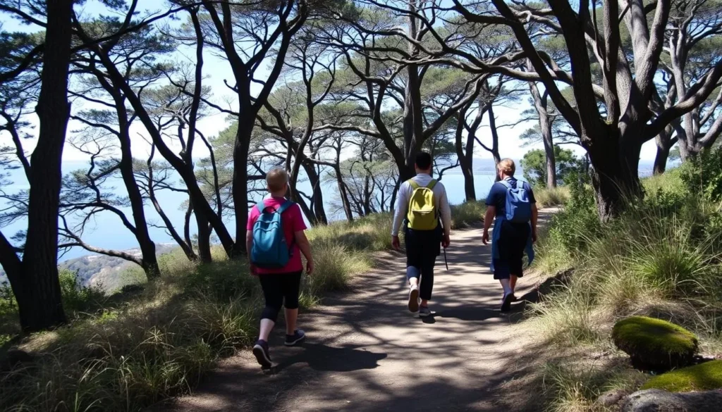 Hikers on the Johnstone Trail with views of Tomales Bay through the trees