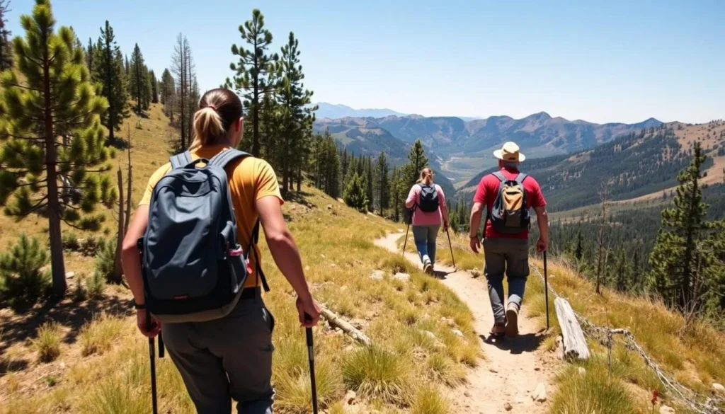 Hikers on the North Baldy Trail in Magdalena Mountains with panoramic views Hikers on the North Baldy Trail in Magdalena Mountains with panoramic views
