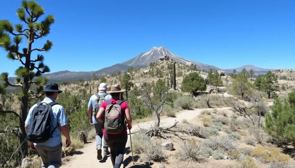 Hikers on the Old Baldy Trail in Santa Rita Mountains with Mount Wrightson in view Hikers on the Old Baldy Trail in Santa Rita Mountains with Mount Wrightson in view