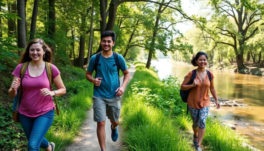 Hikers on the Orange Trail at Sam Houston Jones State Park enjoying river views
