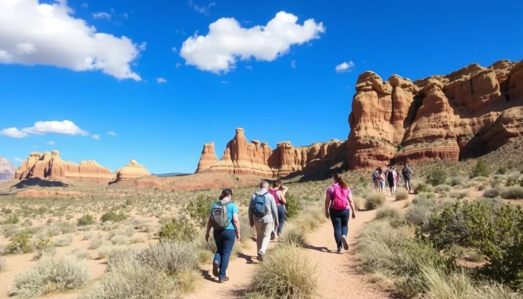 Hikers on the Sound of Silence Trail at Dinosaur National Monument with scenic desert landscape Hikers on the Sound of Silence Trail at Dinosaur National Monument with scenic desert landscape