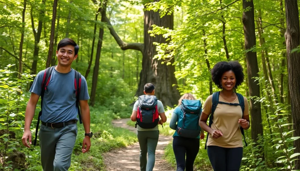 Hikers on the Spirit of Tuscarora Trail with the famous 'Spirit Tree' visible in the background