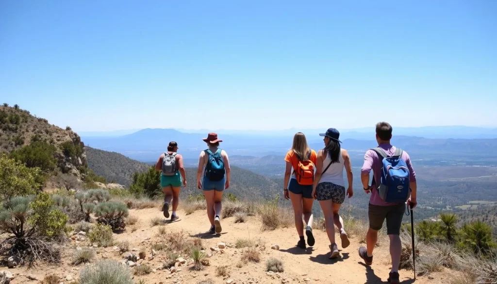 Hikers on the Vital Link Trail in Verdugo Mountains with panoramic views Hikers on the Vital Link Trail in Verdugo Mountains with panoramic views