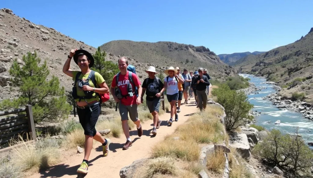 Hikers on the trail to Manby Hot Springs along the Rio Grande Hikers on the trail to Manby Hot Springs along the Rio Grande