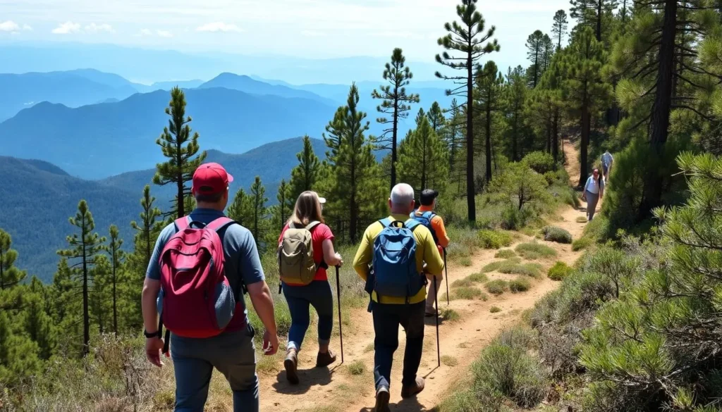 Hikers on the trail to Pico Duarte in Jarabacoa Dominican Republic with mountain views