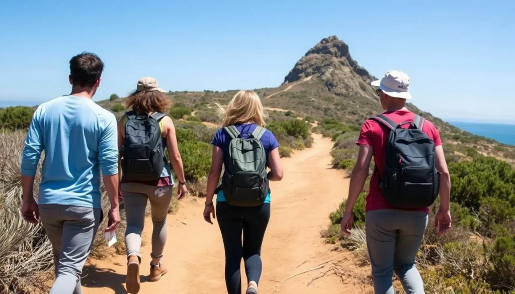 Hikers on the trail to Turtle Rock with backpacks and hiking gear